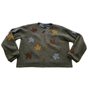 Vintage The Eagles Eye Cardigan Sweater Womens L Green Fall Leaves Zip Up Autumn